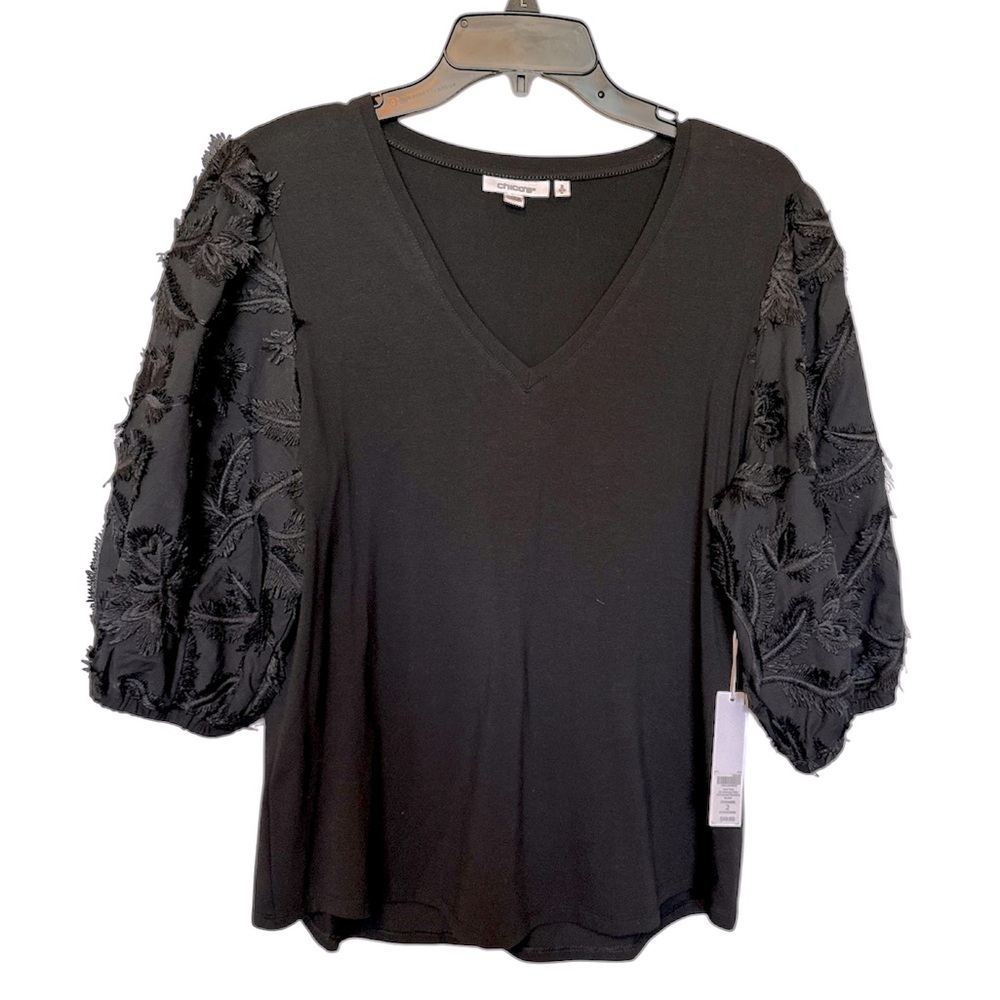 NWT Chico's Black 3D Floral Woven Sleeve Knit Top V-Neck Size 2 L 12 Statement